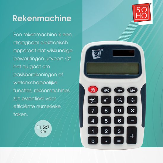 Witte en donkerblauwe SOHO rekenmachine, 11,5x7 cm, met numerieke toetsen en display.