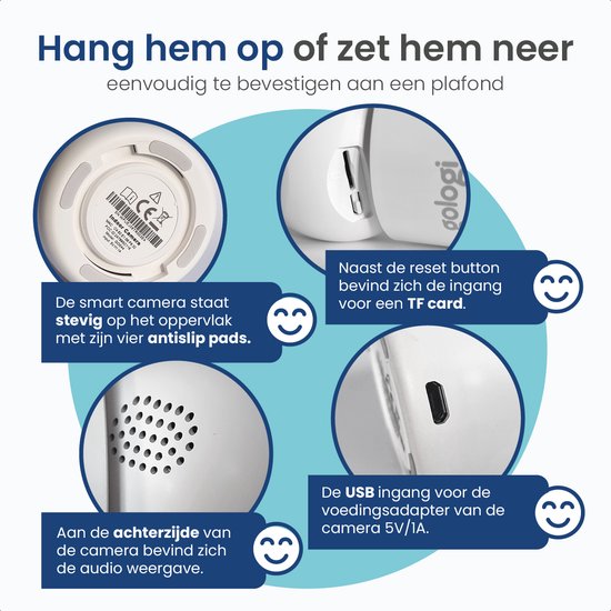Gologi Beveiligingscamera Binnen - Smart Indoor Camera - Draadloze verbinding (WIFI) - 180° Draaibaar - Nightvision - Bewegingssensor - Blaf en Huil Detectie - Babyfoon - Huisdiercamera met App - Wit van Gologi — afbeelding 4