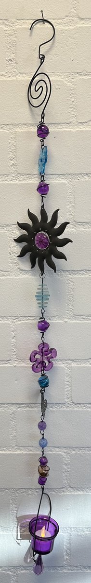 Deco theelichthouder "bloem/zon/vlinder" met metalen ketting - zwarte ketting & paars+blauwe glazen stenen - lengte 115 cm - exclusief theelicht - Woondecoratie - Theelichthouder - Woonaccessoires