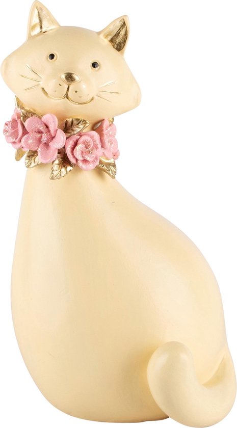 Décoratif | Chat avec couronne de fleurs, jaune/rose, résine, 12x12x20cm | A240736