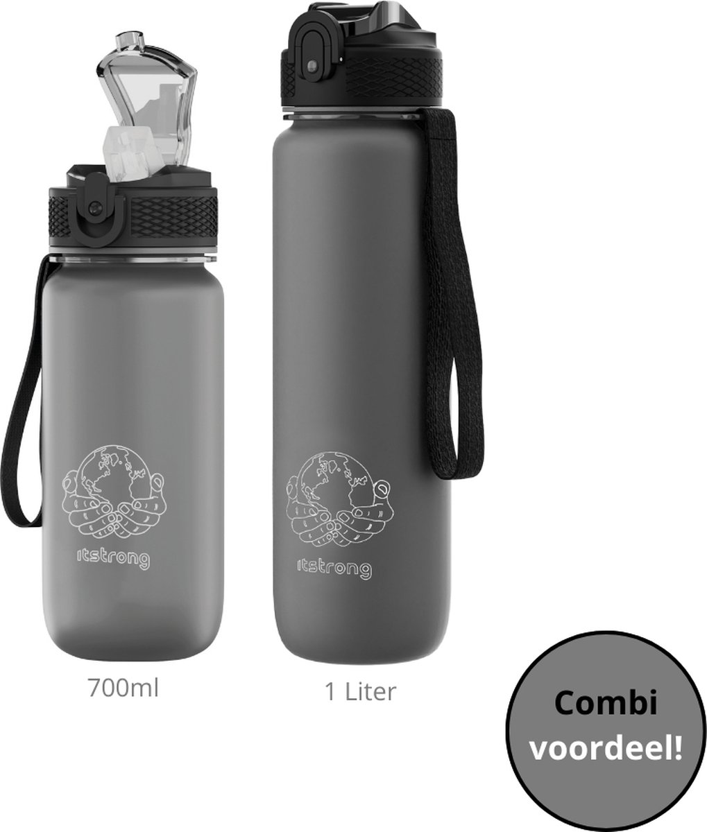 Itstrong Waterfles met Rietje - Voor Volwassenen & Kinderen - Drinkfles 1 Liter - BPA Vrij - Lekvrij - Sportbidon - Motivatie Fles
