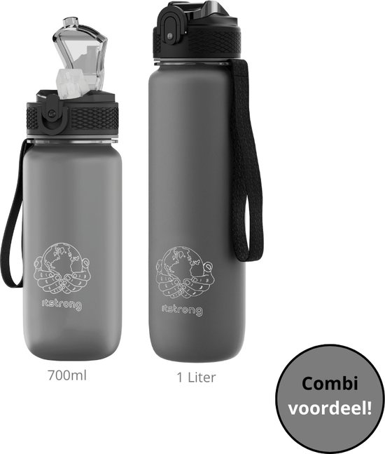 Itstrong Waterfles met Rietje - Voor Volwassenen & Kinderen - Drinkfles 1 Liter - BPA Vrij - Lekvrij - Sportbidon - Motivatie Fles