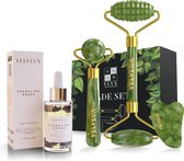 Velveux Jade roller set met rozenolie - gezichtsroller - gezichtsolie - gua sha - gezichtsmassage - skincare cadeau voor haar vrouwen