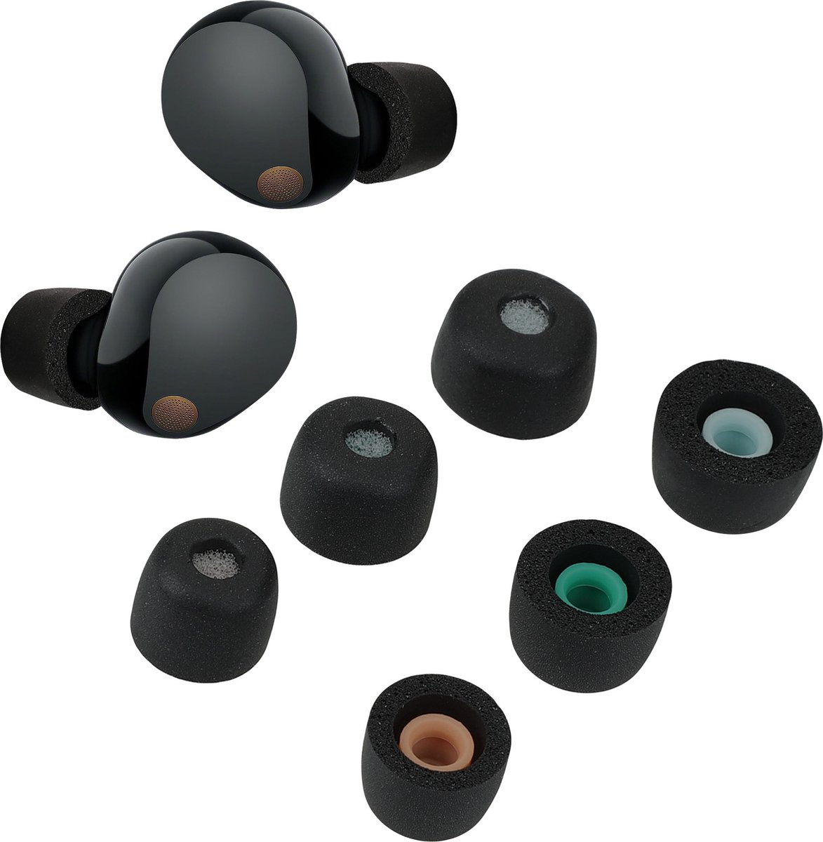 kwmobile 6x cover voor oordopjes - geschikt voor Sony WF-1000XM5 - Van memory foam in zwart - Maat S, M en L