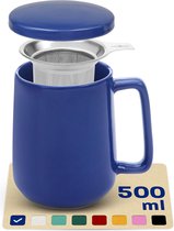 Theemok met zeef en deksel - keramiek donkerblauw - houdt lang warm - 500 ml XXL groot - vaatwasmachinebestendig