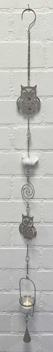 Deco theelichthouder "uil + keramieke vogel" met metalen ketting - rusty grijze ketting & glazen stenen - lengte 120 cm - exclusief theelicht - Woondecoratie - Theelichthouder - Woonaccessoires