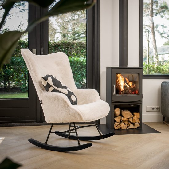 Aemely Schommelstoel Mama – Wit imitatiebont – Zwart hout en staal - Schommelstoel babykamer - Fauteuil - Hoge rugleuning