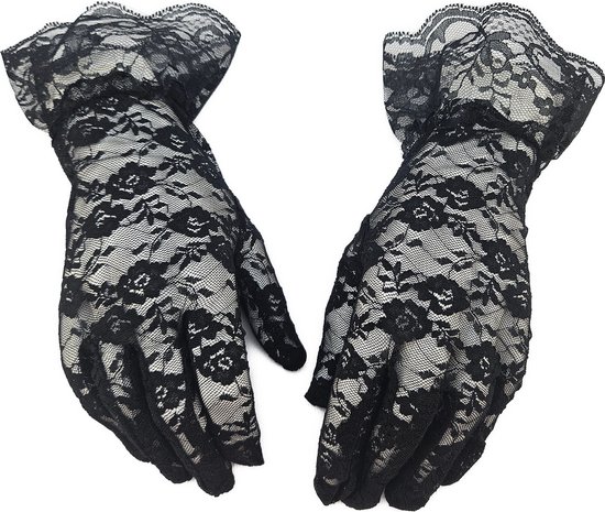 BamBella® - Handschoenen Zwart kant Kort - dames - Met Ruches