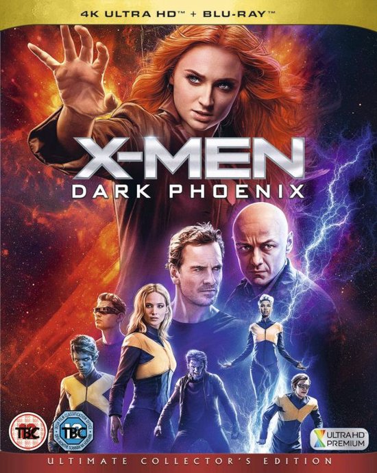 X-Men : Dark Phoenix 4K Ultra HD + Blu-Ray Ultimate Collector's Edition avec Sophie Turner en Jean Grey, cheveux roux et pouvoirs.