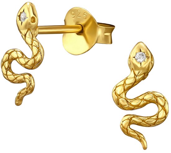 Joy|S - Zilveren slang oorbellen - oorknopjes - 5.1 x 9.6 mm - zirkonia - 14k goudplating / goldplated