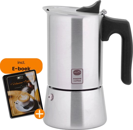 Percolateur à Coffee Vienna Induction - 6 tasses - Pot à moka en acier inoxydable - 300ML - Ring en Siliconen Extra et e-book Café