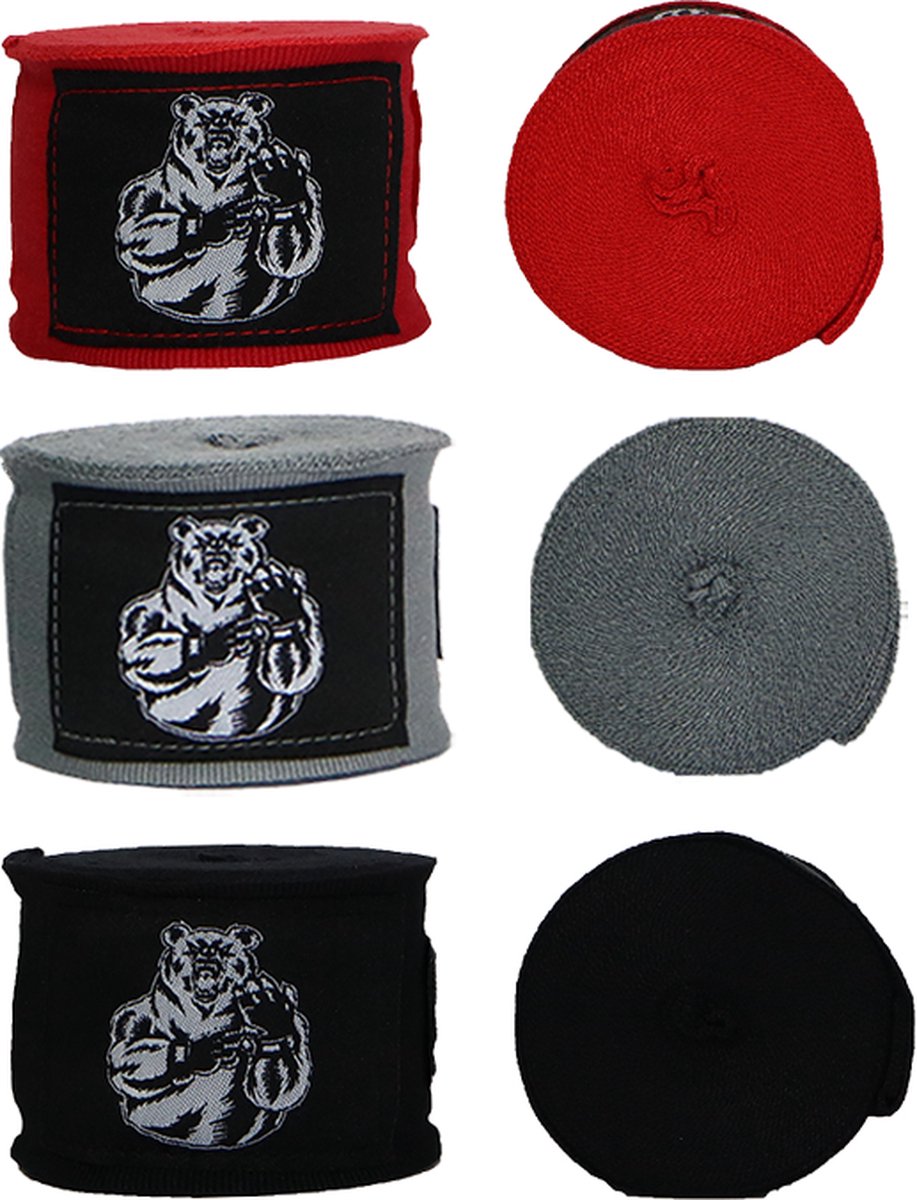 ORCQ Bear boxing handwraps 3 paar - Boks Wraps - Boksbandages - Kickboks bandage - Paar - 450cm - Kleuren Rood, Grijs en Zwart