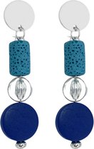 Clip -oorbellen -blauw -Lava steen- hout -zilverkleur- geen gaatje- Charme Bijoux