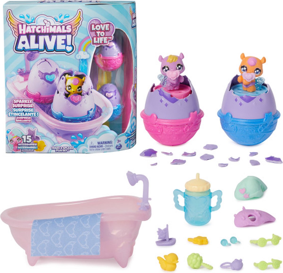 Hatchimals Alive - Maak een Plons Speelset met 15 accessoires - badkuip - 2 van kleur veranderende minifiguren in eieren die zelf uitkomen - Hatchimals