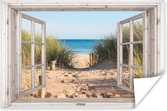 Poster Doorkijk - Strand - Zee - Duinen - Zand - Water - Helmgras - 180x120 cm XXL