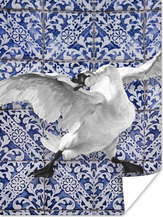 Poster Zwaan - Kunst - Delfts blauw - Schilderij - Oude meesters - 90x120 cm