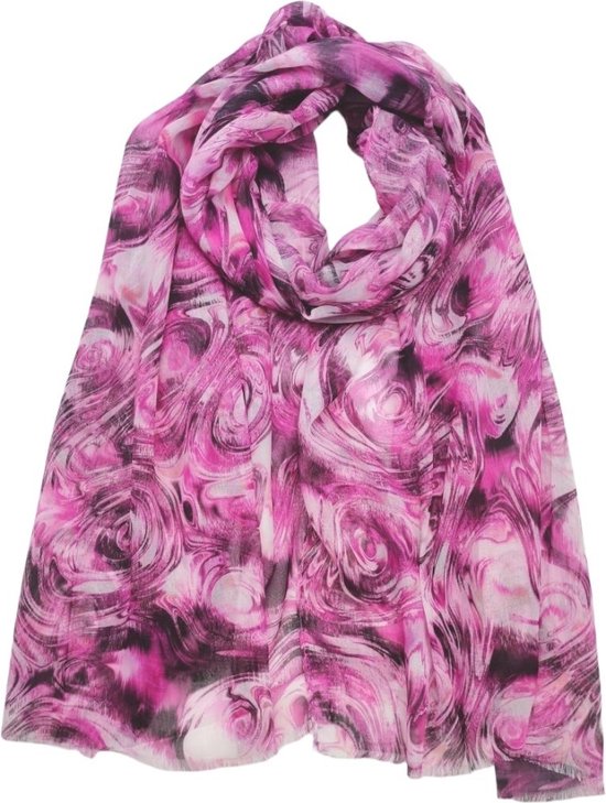 Lange dames sjaal Karlijn fantasiemotief fuchsia wit zwart roze paars