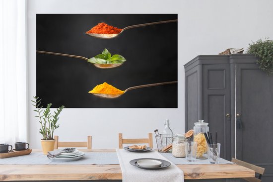 Poster Herbes - Cuillère - Épices - Zwart - Italien - 180x120 cm XXL