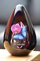 Urn voor crematie-as-Urn Premium Design Glas met afbeelding van vlinder, orchidee en met een door u aangegeven naam-Urn met afbeelding dmv.hoge kwaliteit sign folie-Urn voor Deelbestemming-Urn-60ml inhoud-Premium collectie-Transparant roze askamer