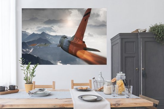Un chasseur à réaction de l'armée au-dessus des montagnes Poster 180x120 cm - Tirage photo sur Poster (décoration murale salon / chambre) XXL / Groot format!