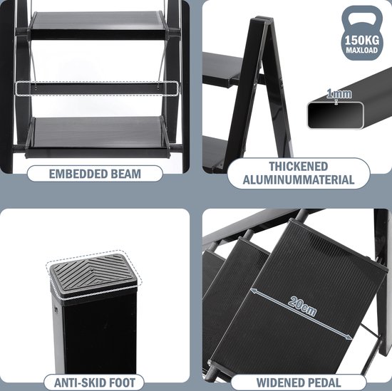 Froadp Trapladder, 4 treden, opvouwbaar, antislip, ijzeren veiligheidsladder, multifunctionele ladder, opstapkruk voor thuis, keuken en buiten, belastbaar tot 250 kg