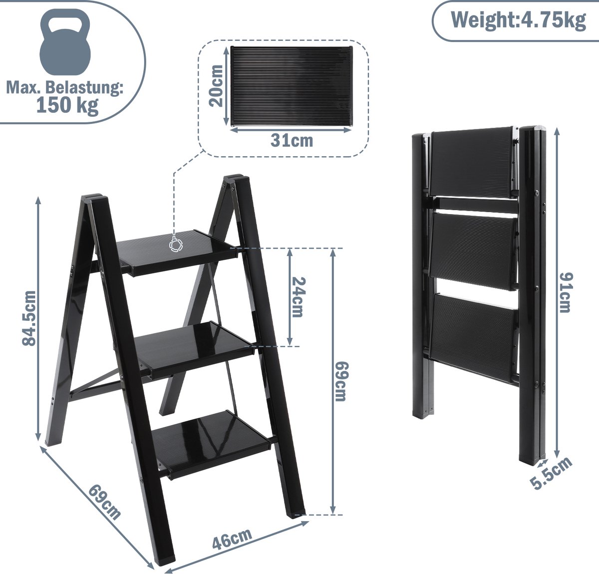 MFLASMF Houten ladder met 3 treden, draagbare opvouwbare trapladder stoelen voor thuis keuken bibliotheek, 200 kg draagvermogen (wit MFLASMF Houten ladder met 3 treden, draagbare opvouwbare trapladder stoelen voor thuis keuken bibliotheek, 200 kg draagvermogen (wit