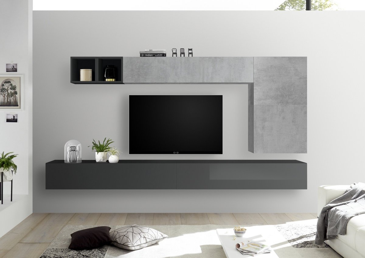 TV-wandmeubel Dorado in hoogglans grijs met grijs beton