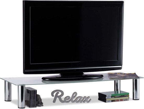 Table TV en verre, pieds de table chromés en métal, HxLxP : environ 17 x 100 x 35 cm, table de télévision, blanc/argent