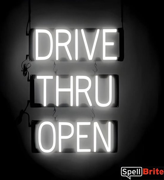 DRIVE THRU OPEN - Néon publicitaire Néon LED enseigne lumineuse | SortBrite | 46 x 60 cm | 6 modes de gradation - 8 animations lumineuses | Éclairage au néon pour panneaux publicitaires