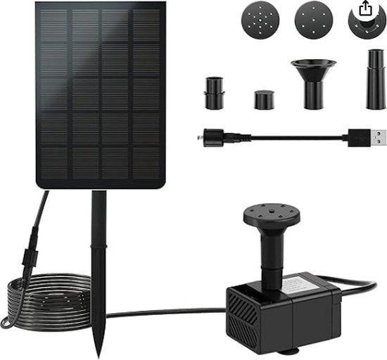 UISEBRT Fontein op zonne-energie, 2 W, vijverpomp met zonnepaneel, waterpomp, fontein voor tuin, vijver, vogelbad, 2 W