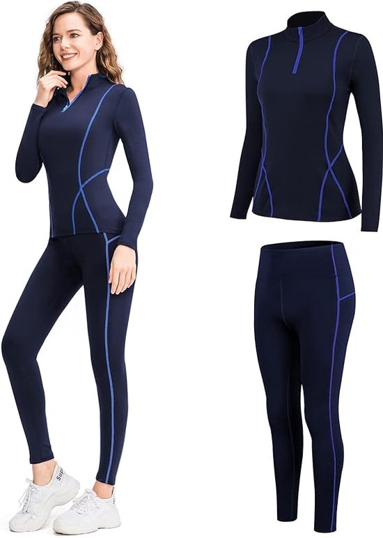 Thermisch ondergoed voor dames, met winddichte opstaande kraag, set thermisch ondergoed, ski-ondergoed, ademend, flexibel, thermo-onderhemd en -broek, XL