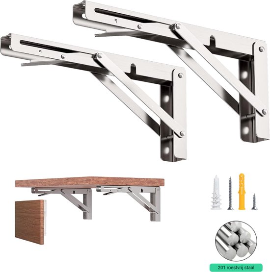 &ERGY - Inklapbare Plankdrager – Zilver - 2 stuks - Plankhouder – 35 cm – tot 50KG - Plankdragers metaal – Plankdragers met schroef – Schapdrager – klapbare tafel - Wandplank industrieel – Inklapbaar bureau