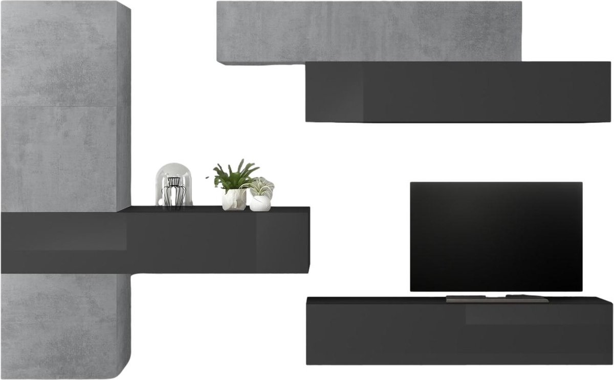 TV-wandmeubel Mars in hoogglans grijs met grijs beton