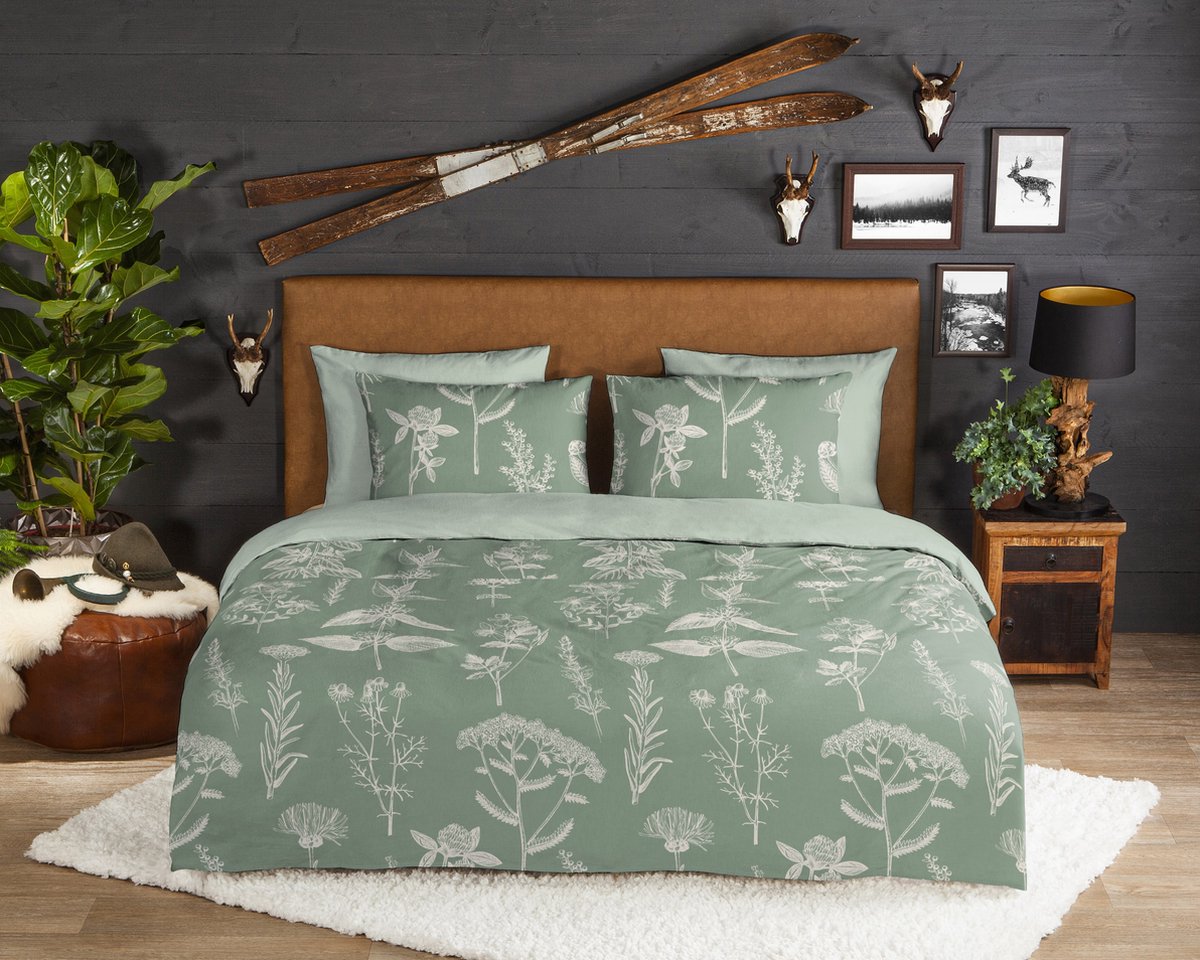 Good Morning dekbedovertrek bloemen - 2 persoons 200x200/220 cm - Groen - 100% Katoen flanel