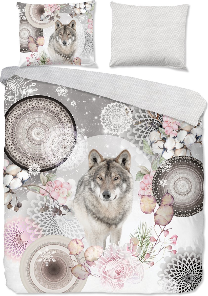 HIP dekbedovertrek mandalas met wolf - Lits jumeaux 240x200/220 cm - Grijs - 100% Katoen flanel