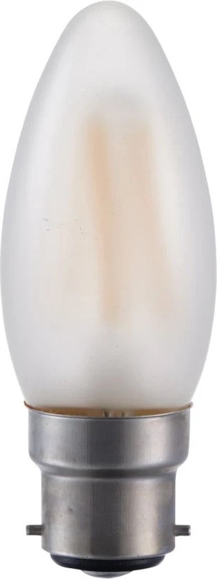 Matte kaarslamp met B22 fitting. Zichtbare LED-filamenten.
