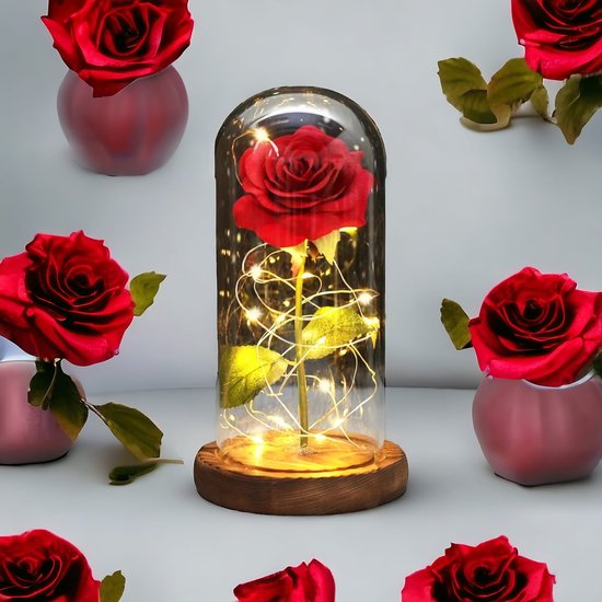 AliRose - Luxe Roos in Stolp - Rood met Groen - Houten Basis - LED Roos - Valentijn - Romantiek - Liefde - Amor - Laat Je Liefde Stralen!