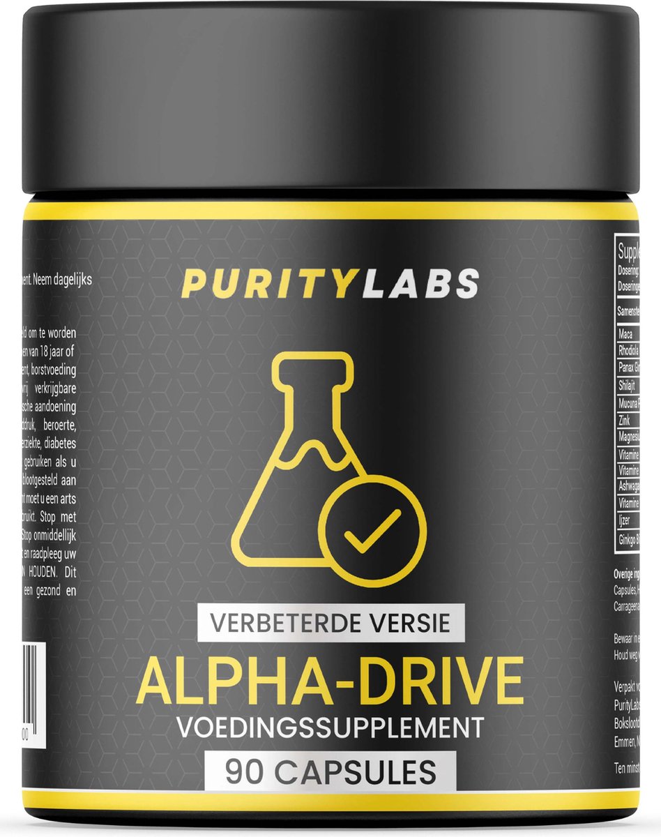 PurityLabs Alpha-Drive - 45 Dagen Voorraad - Testosterone Booster - Mucuna Pruriens - Vitamine D - Shilajit - Testo Booster - Testosteron - Alternatief voor Tongkat Ali - Ashwagandha - Maca - Magnesium - KSM-66