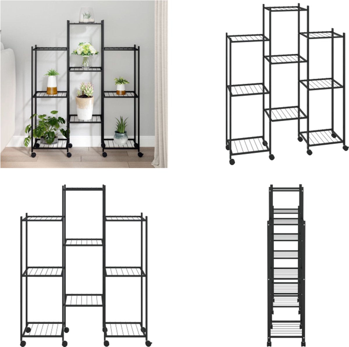 VidaXL Bloemenstandaard met wielen 83x25x103-5 cm ijzer zwart Bloemenstandaard Bloemenstandaards Plantenstandaard Bloemenbak