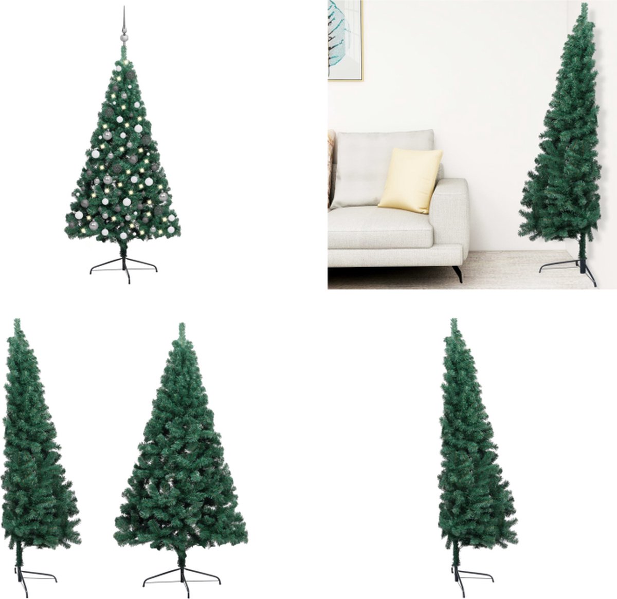vidaXL Kunstkerstboom met LED's en kerstballen half 240 cm groen - Kunstkerstboom - Kunstkerstbomen - Kerstboom - Kerstdecoratie