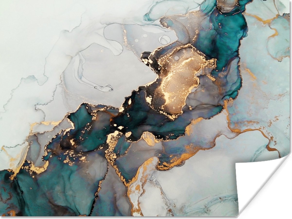 Poster Blauw - Marmer - Goud - 40x30 cm