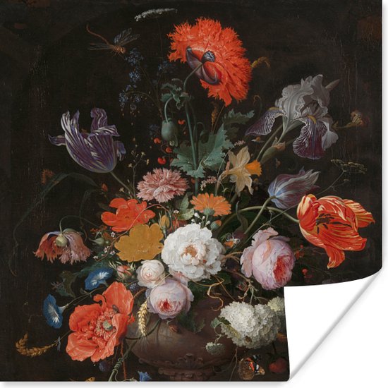 Poster - Stilleven met bloemen en een horloge - Schilderij van Abraham Mignon