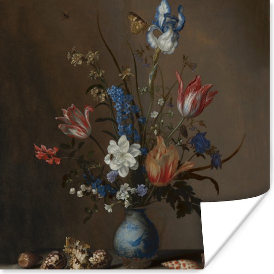 Poster - Bloemen in een Wan-Li vaas en schelpen - Schilderij van Balthasar van der Ast