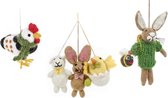 Pasen Decoratie - set van 5 vilten hangertjes voor paastakken - Paashaas met Bijen rugtasje, Kip met sjaaltje & Paasfiguren trio: lammetje, haasje, kuikentje
