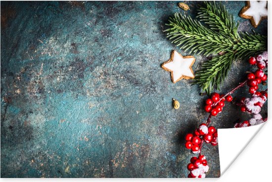 Poster Kerst - Rustiek - Takken - Steranijs - Bes - Rood - 90x60 cm - Kerstmis Decoratie - Kerstversiering - Kerstdecoratie Woonkamer - Kerstversiering - Kerstdecoratie voor binnen - Kerstmis