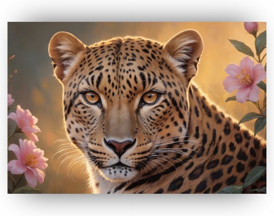 Luipaard met bloemen - Luipaard schilderijen canvas - Schilderij bloemen - Klassiek schilderijen - Canvas schilderij - Decoratie kamer - 60 x 40 cm 18mm