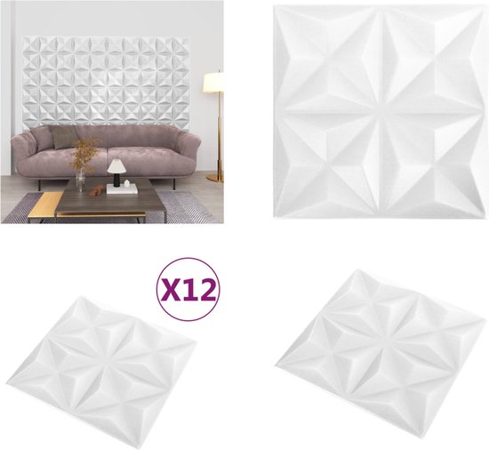 vidaXL 12 st Wandpanelen 3D 3 m² 50x50 cm origamiwit - Wandpaneel - Wandpanelen - 3D-wandbehang - 3D-wandpaneel