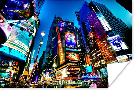 Times Square NYC in de avond Poster 60x40 cm - Foto print op Poster (wanddecoratie woonkamer / slaapkamer) / Amerikaanse steden Poster