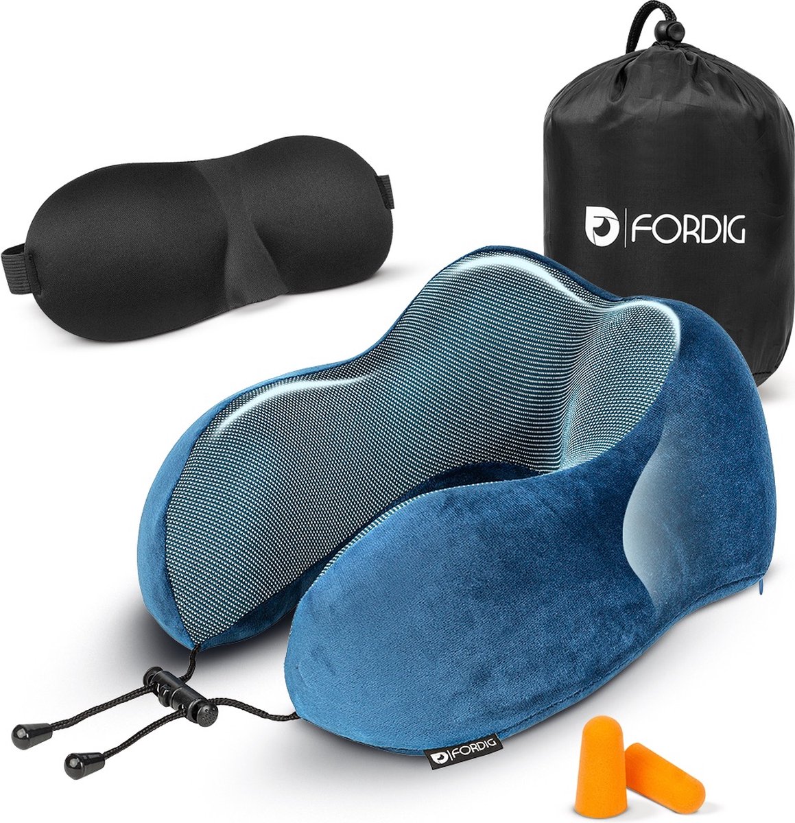 Bol.com ForDig Premium Nekkussen (Blauw) - Inclusief Slaapmasker & Oordopjes - Memory Foam Reiskussen - Ergonomisch Vliegtuig Re... aanbieding