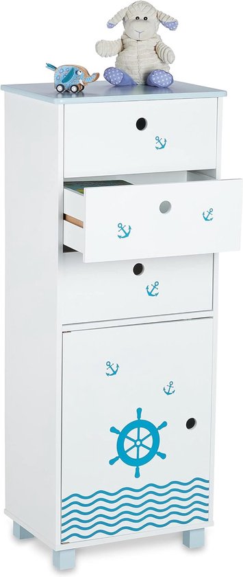 commode pour chambre d'enfant, design nautique, 3 tiroirs, compartiment avec porte, commode pour enfant, HxLxP 105 x 42 x 30 cm, blanc/bleu
